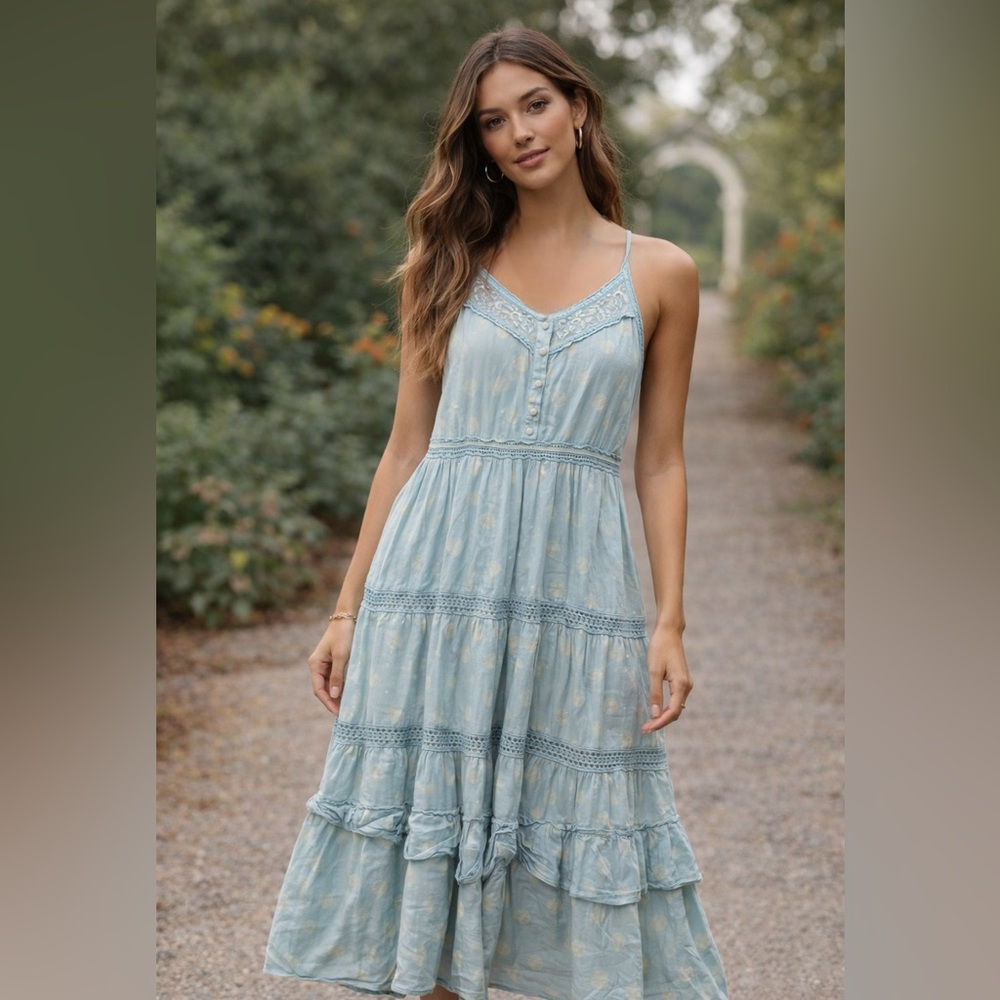 Anthropologie: Light blue boho maxi dress; size small